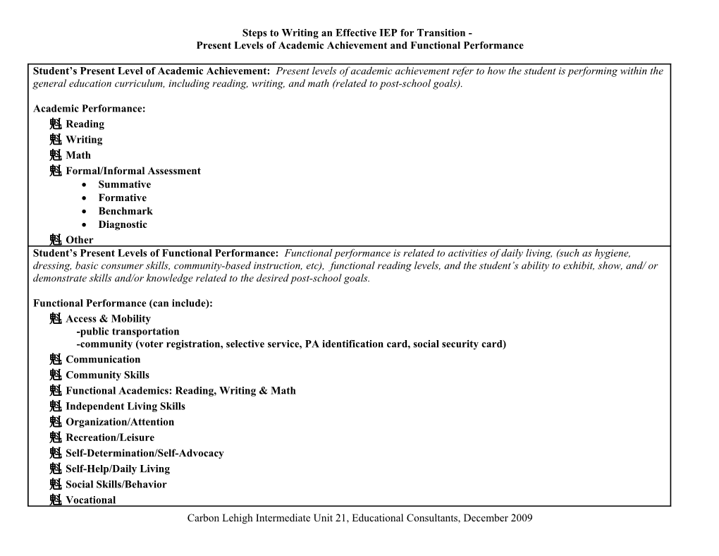 Steps to Writing an Effictive IEP for Transition - Present Levels of Academic Achievement