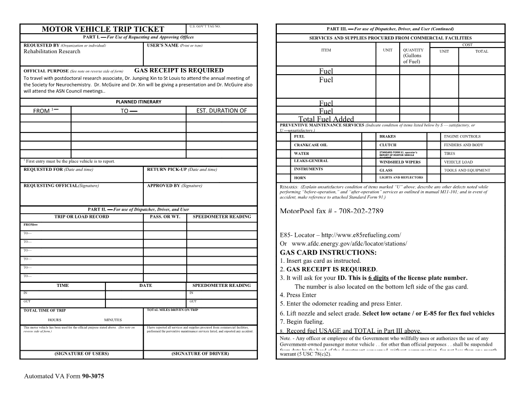 Motor Vehicle Trip Ticket