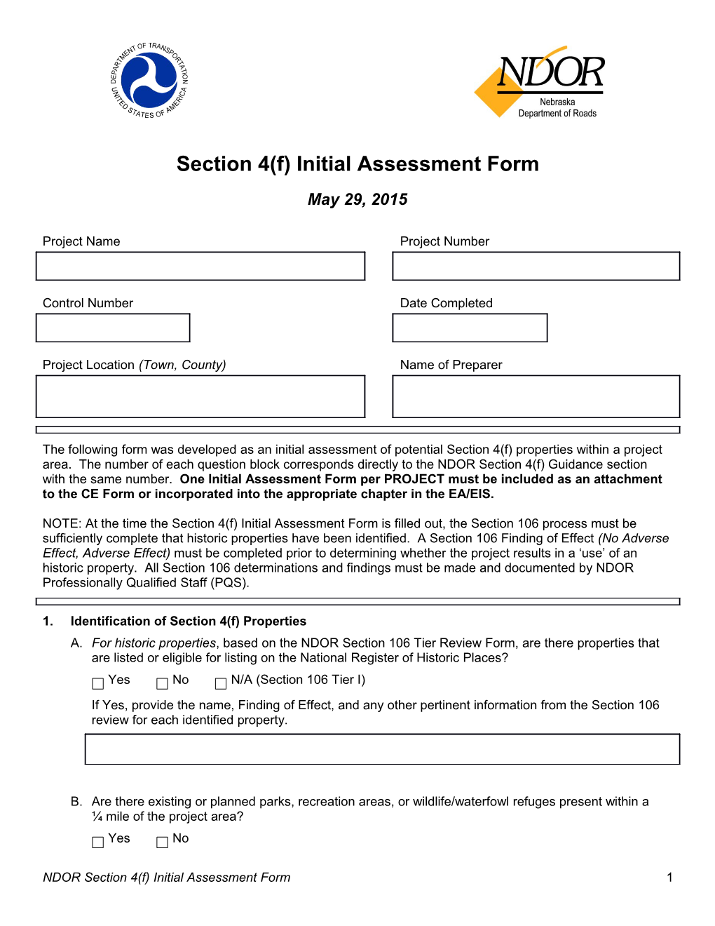 Section 4(F) Initial Assessment Form