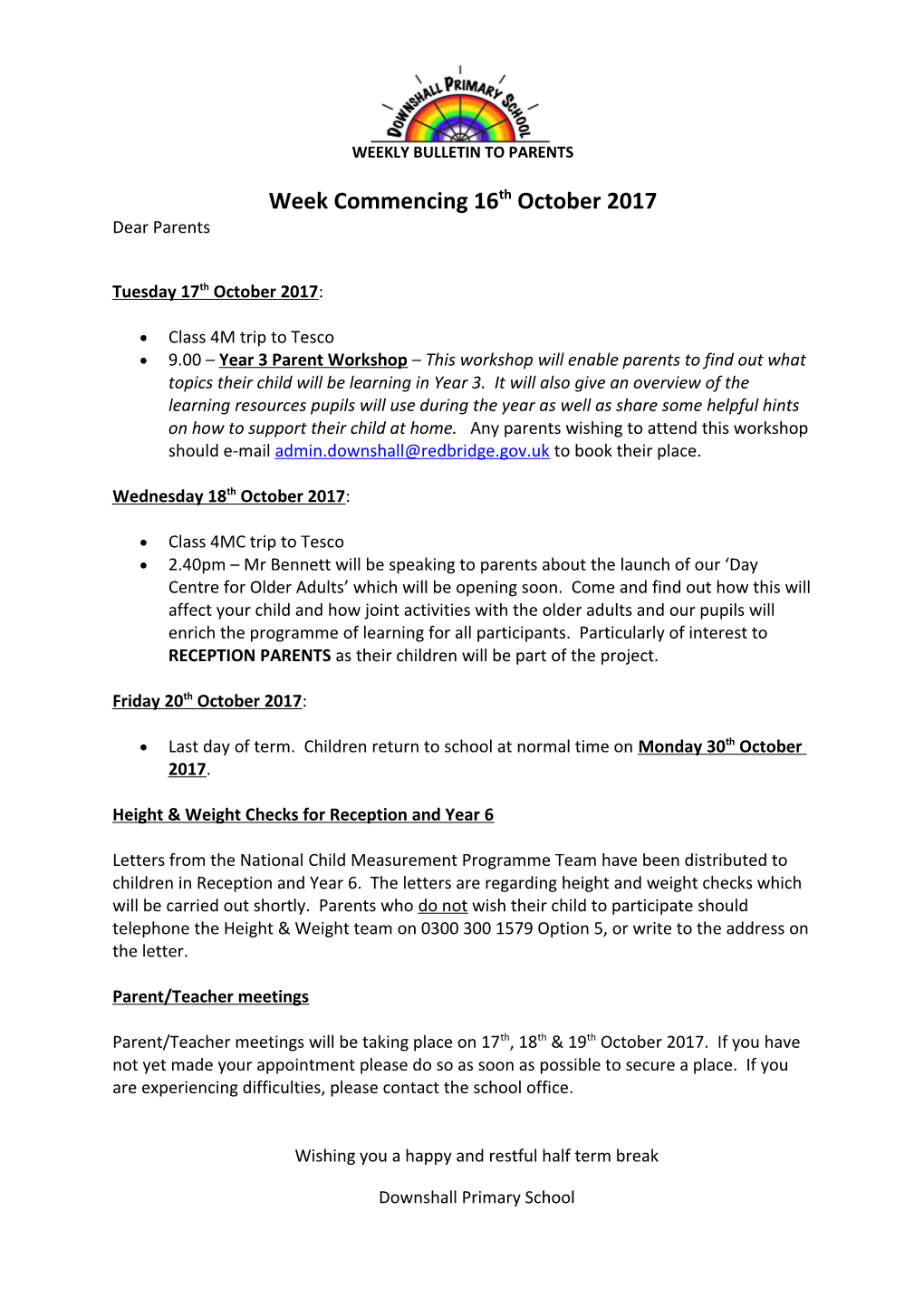 Weekly Bulletin to Parents