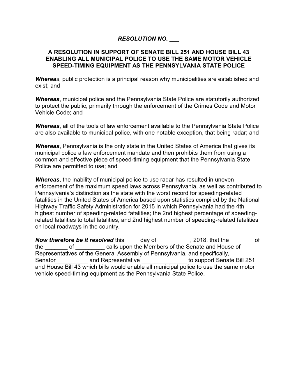 A Resolution in Support of Senate Bill 251 and House Bill 43 Enabling All Municipal Police