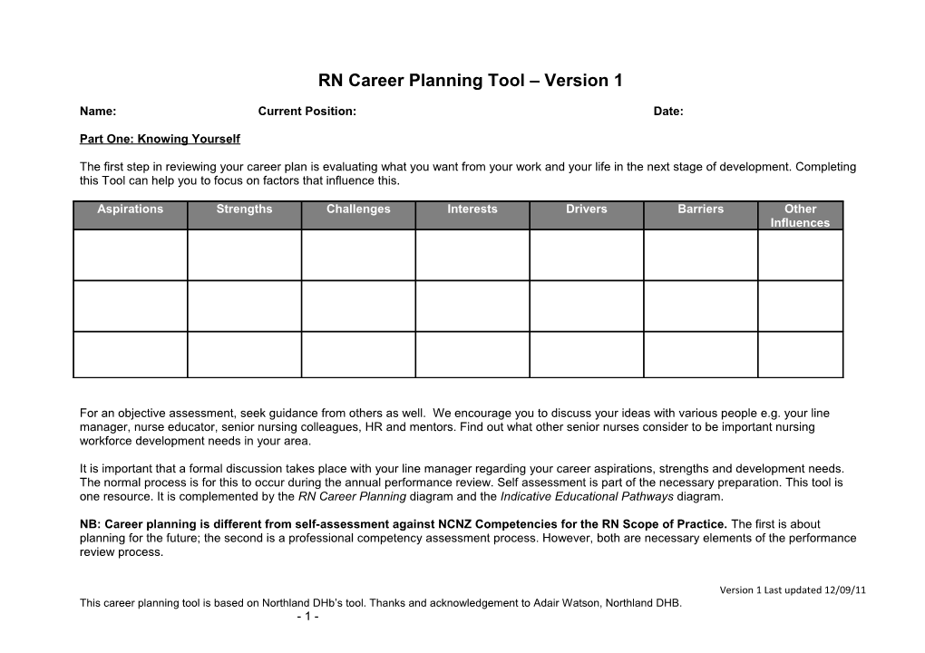 RN Career Planning Tool Version 1