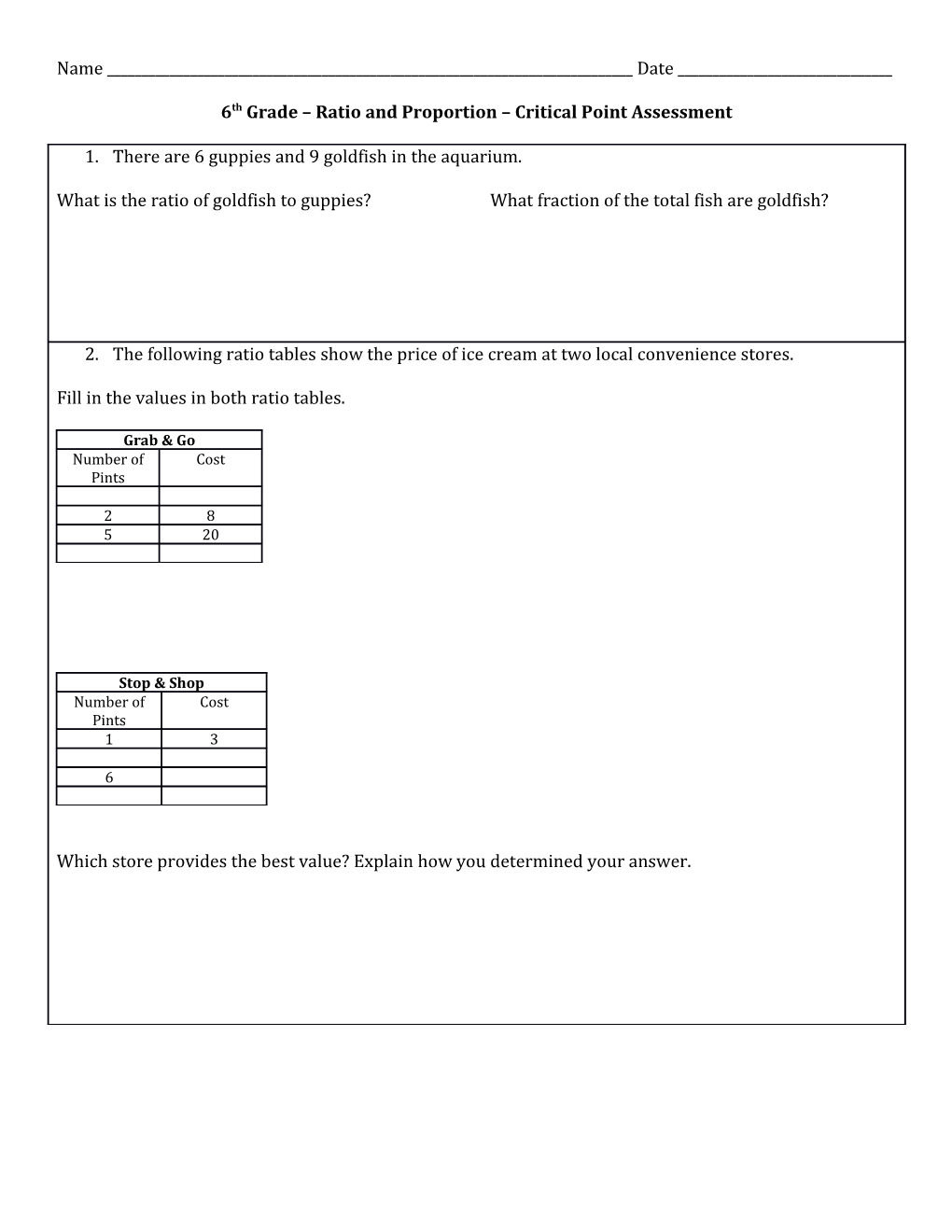 6Th Grade Ratio and Proportion Critical Point Assessment