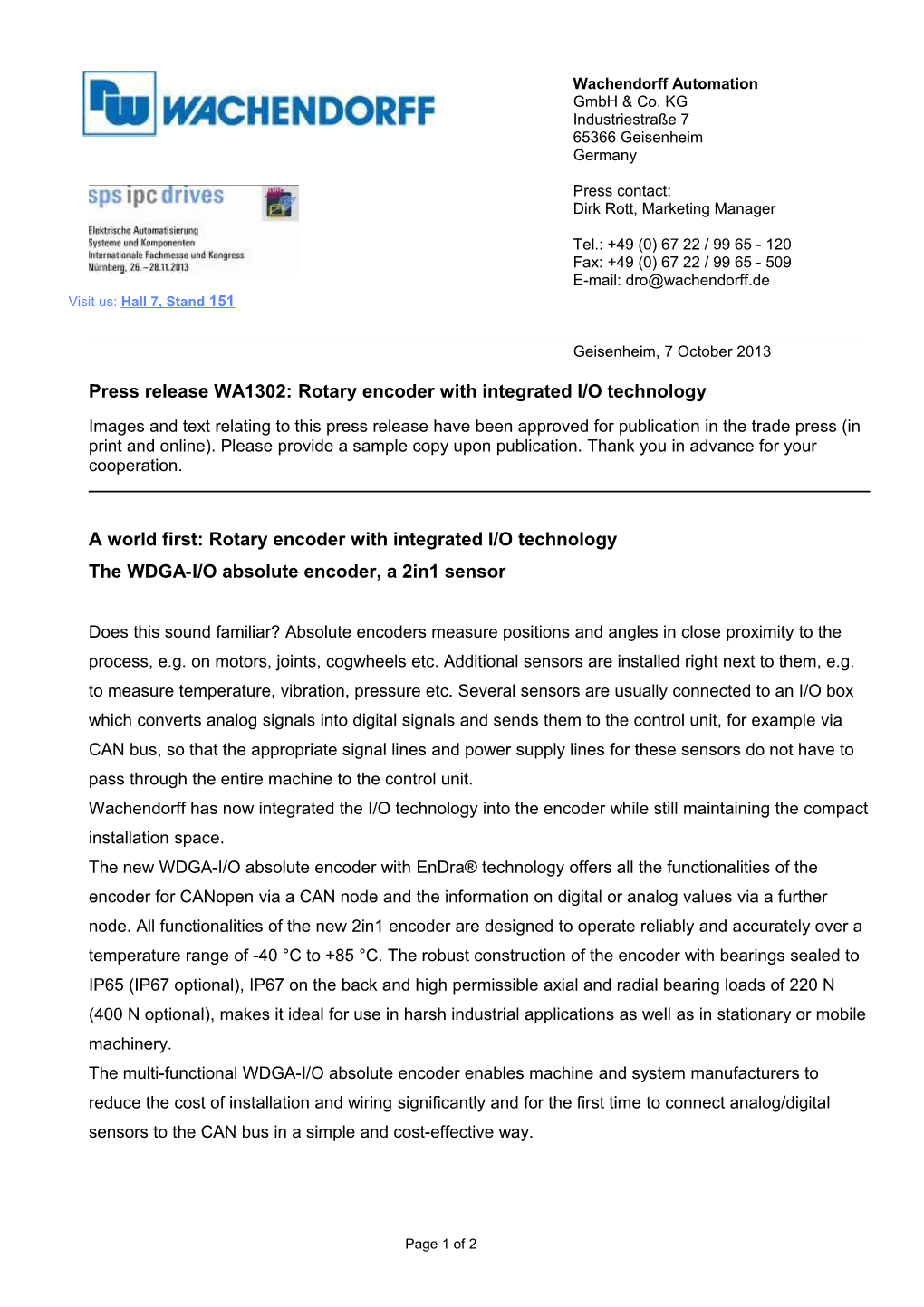 Press Release WA1302: Rotary Encoder with Integrated I/O Technology