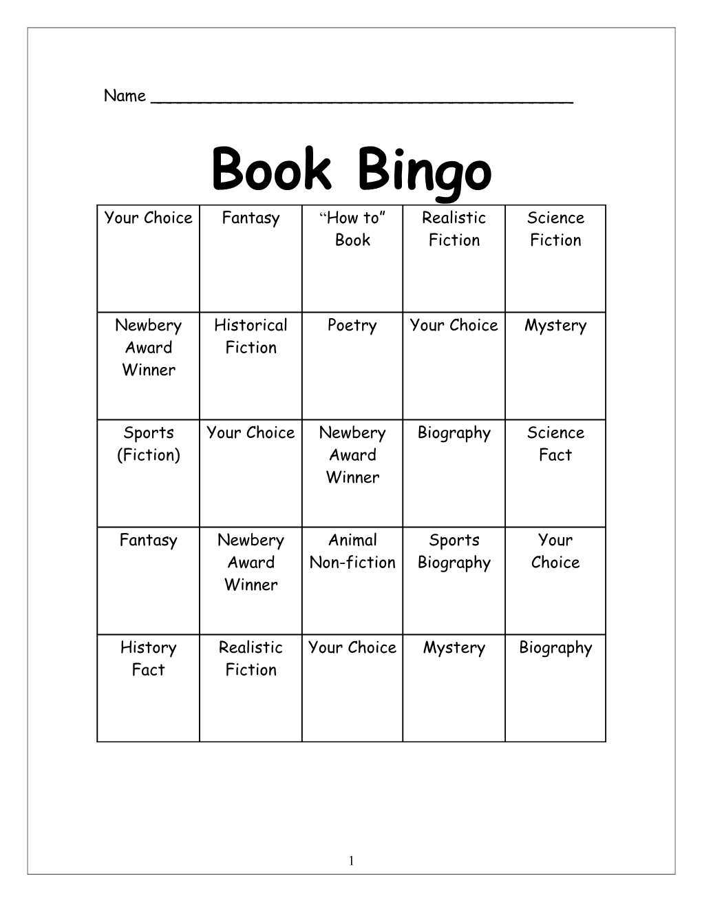 Book Bingo Requirements