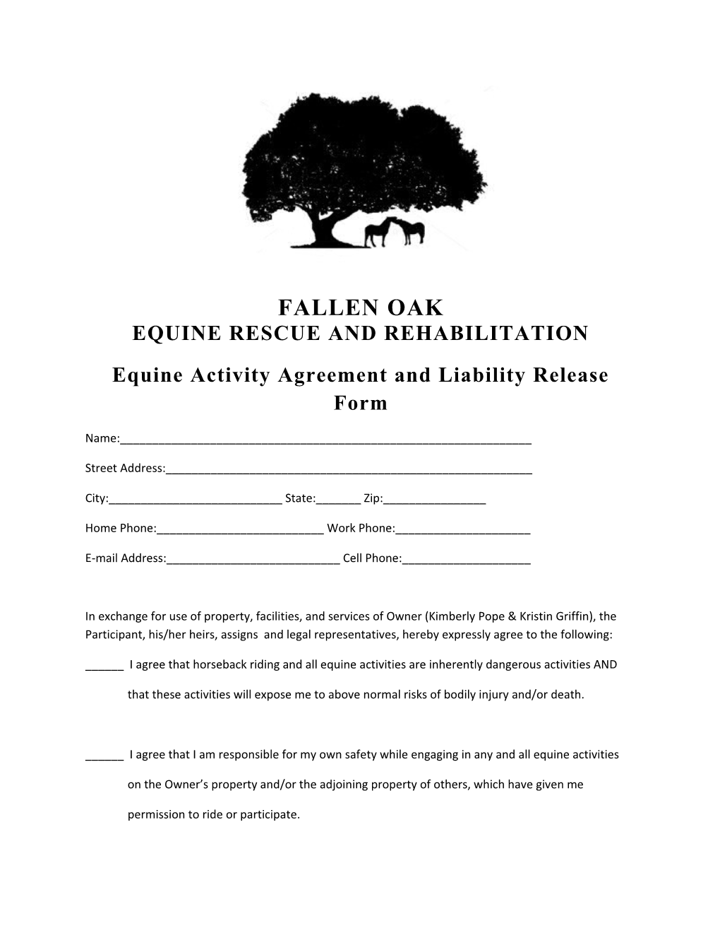Equine Activity Agreement and Liability Release Form