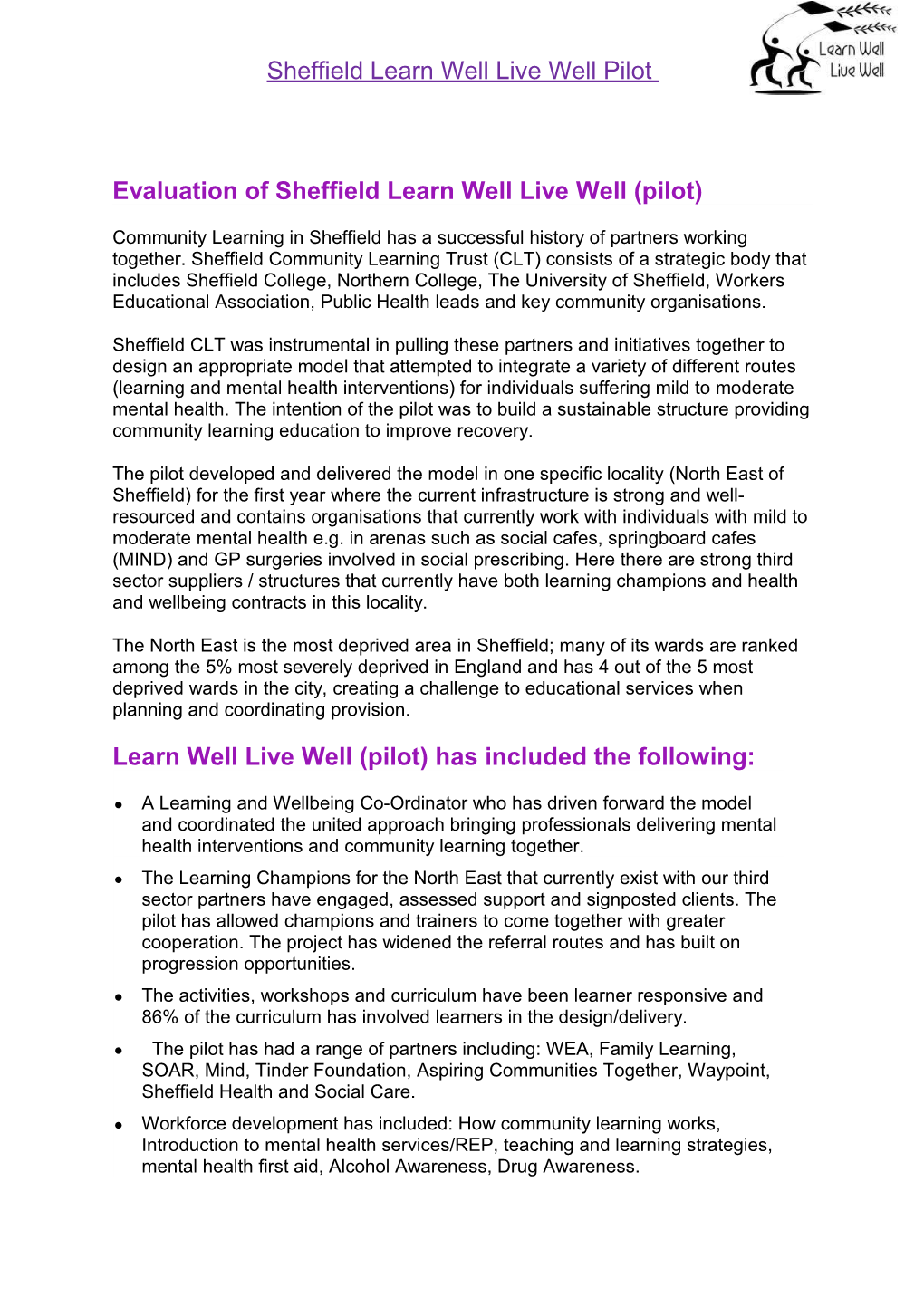 Evaluation of Sheffield Learn Well Live Well (Pilot)