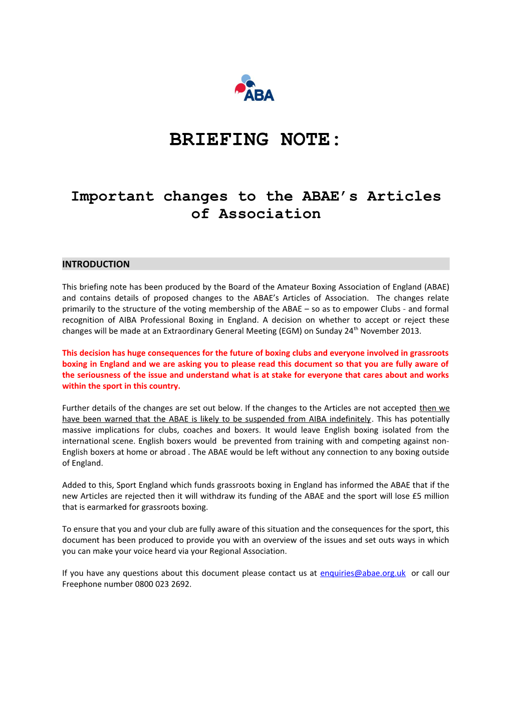 Important Changes to the ABAE S Articles of Association