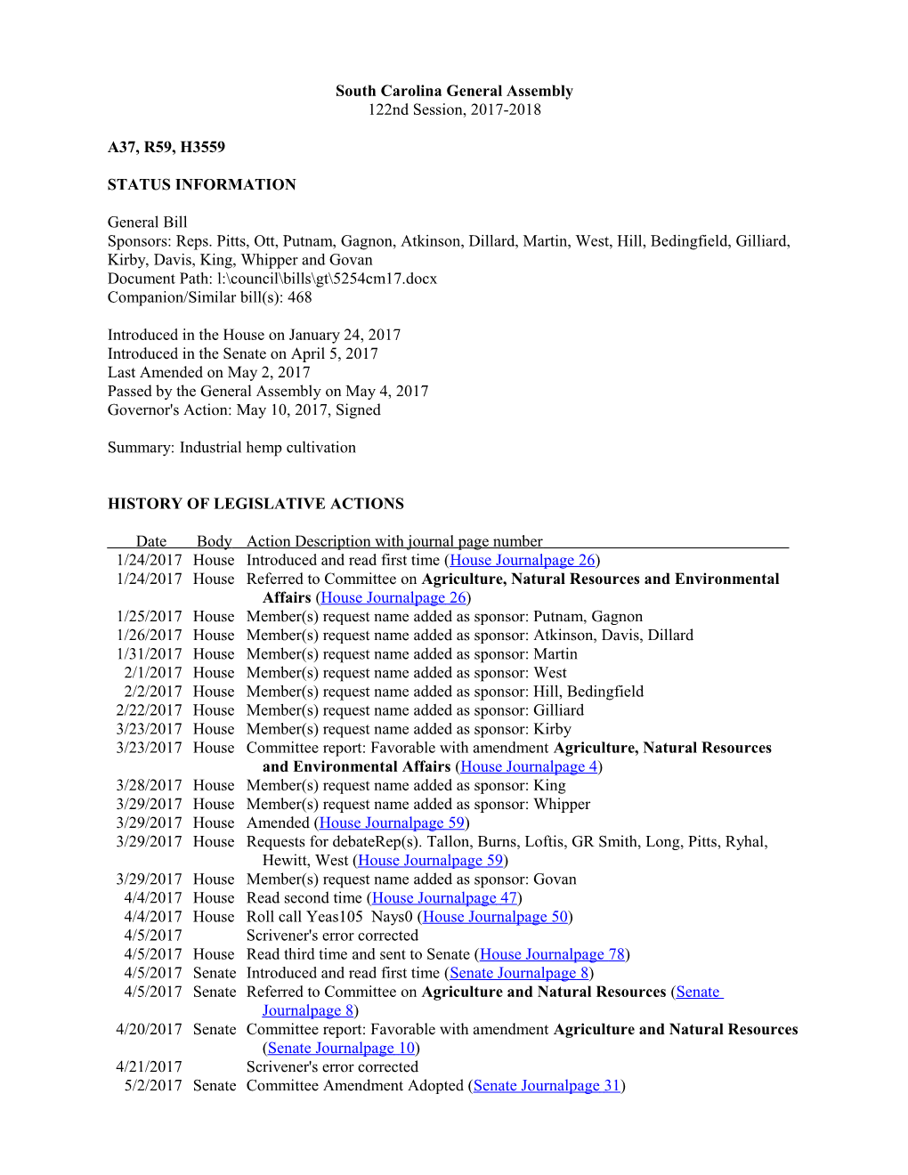 2017-2018 Bill 3559: Industrial Hemp Cultivation - South Carolina Legislature Online