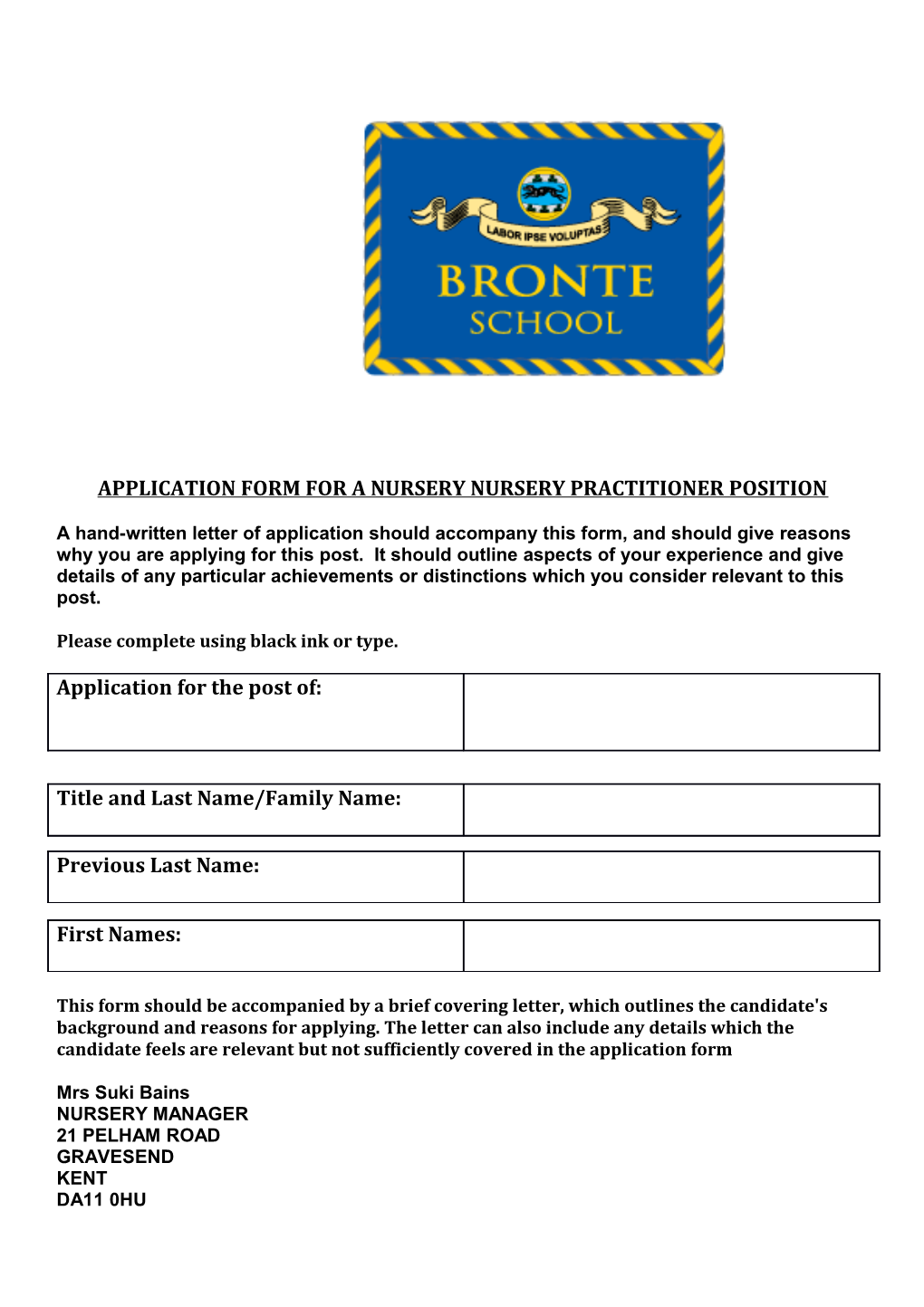 Application Form for a Nursery Nursery Practitioner Position