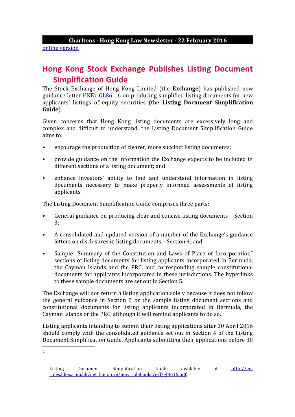 Charltons - Hong Kong Law Newsletter - 22 February 2016