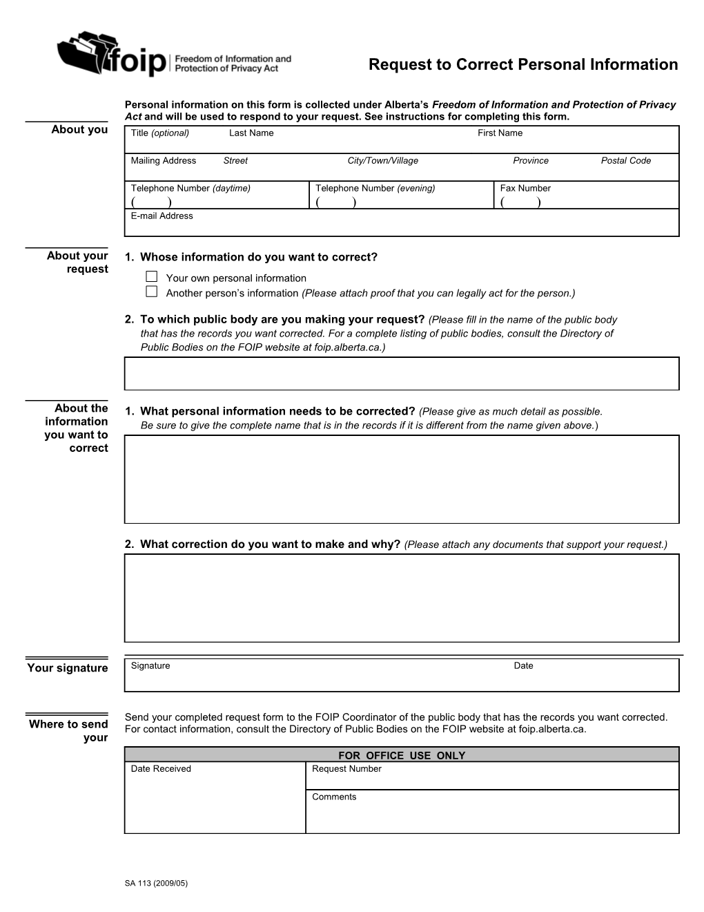 Request to Correct Personal Information Form