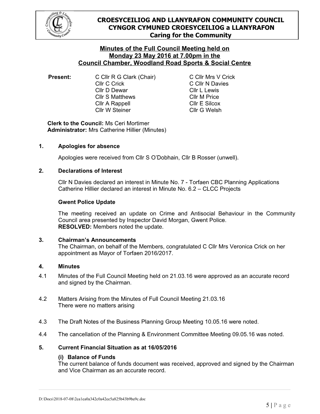 Minutes of the Full Council Meeting Held On