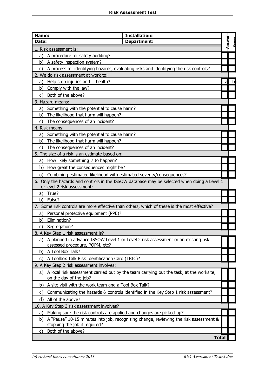 Richard Jones Consultancy Task Risk Assessment Test