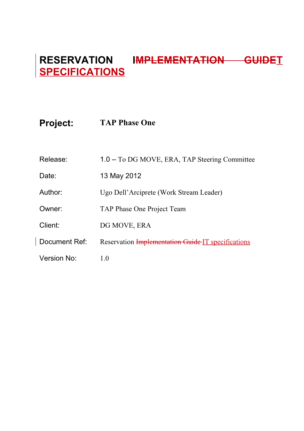 Reservation I Mplementation Guide T Specifications Uda1