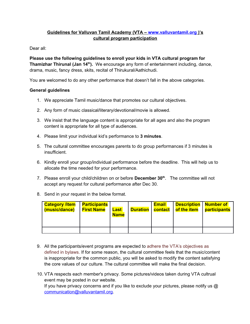 Guidelines for Valluvan Tamil Academy (VTA Www