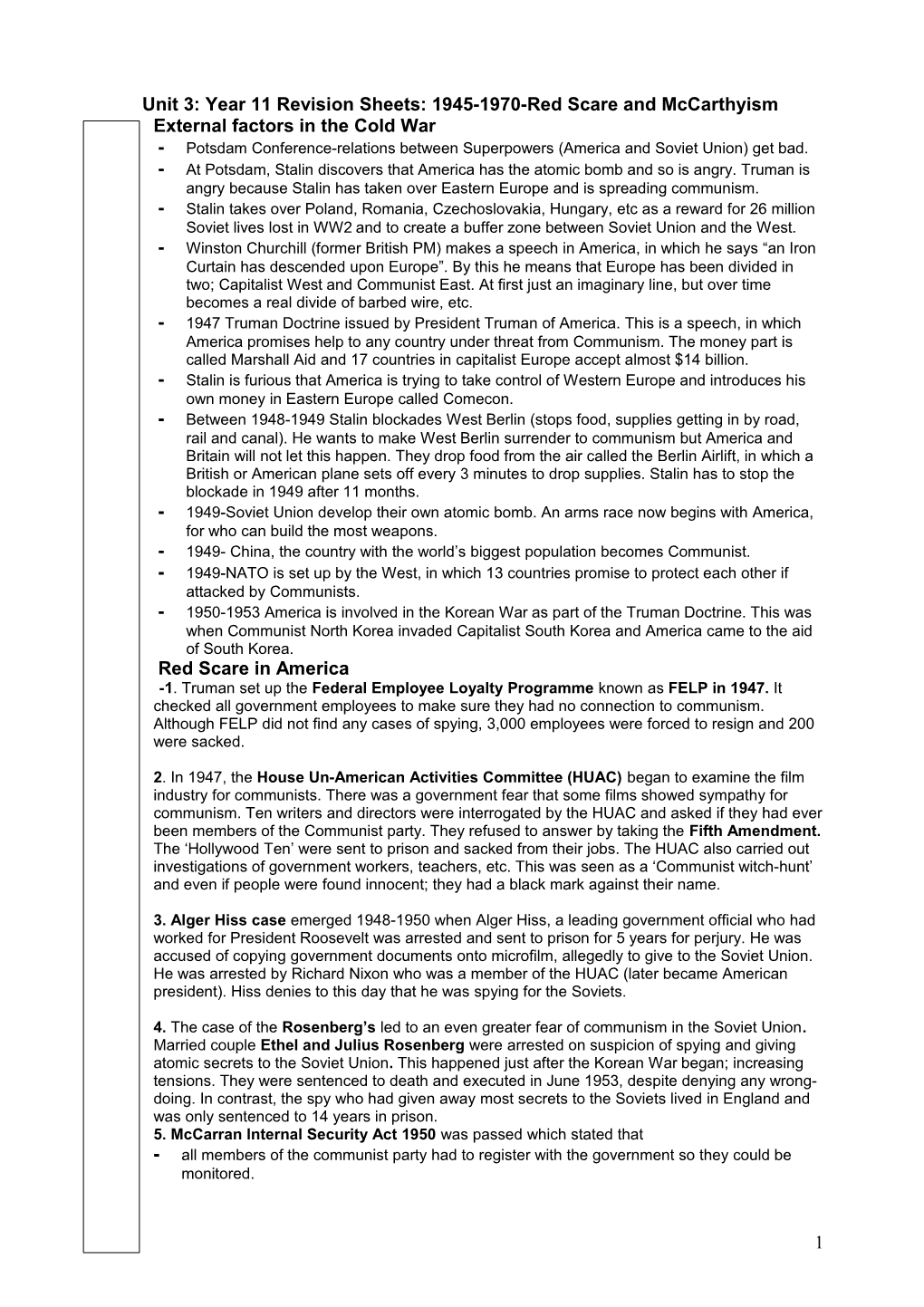 Unit 3: Year 11 Revision Sheets: 1945-1970-Red Scare and Mccarthyism