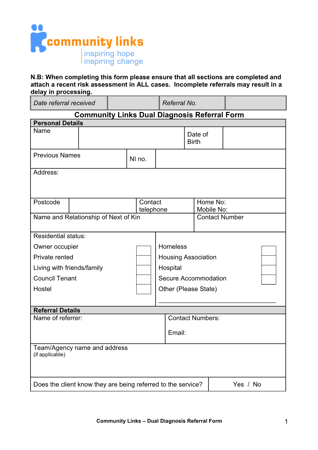 Community Links Dual Diagnosis Referral Form