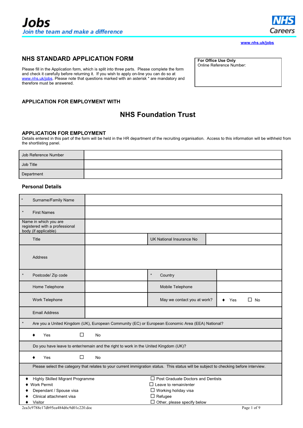 NHS Standard Application Form