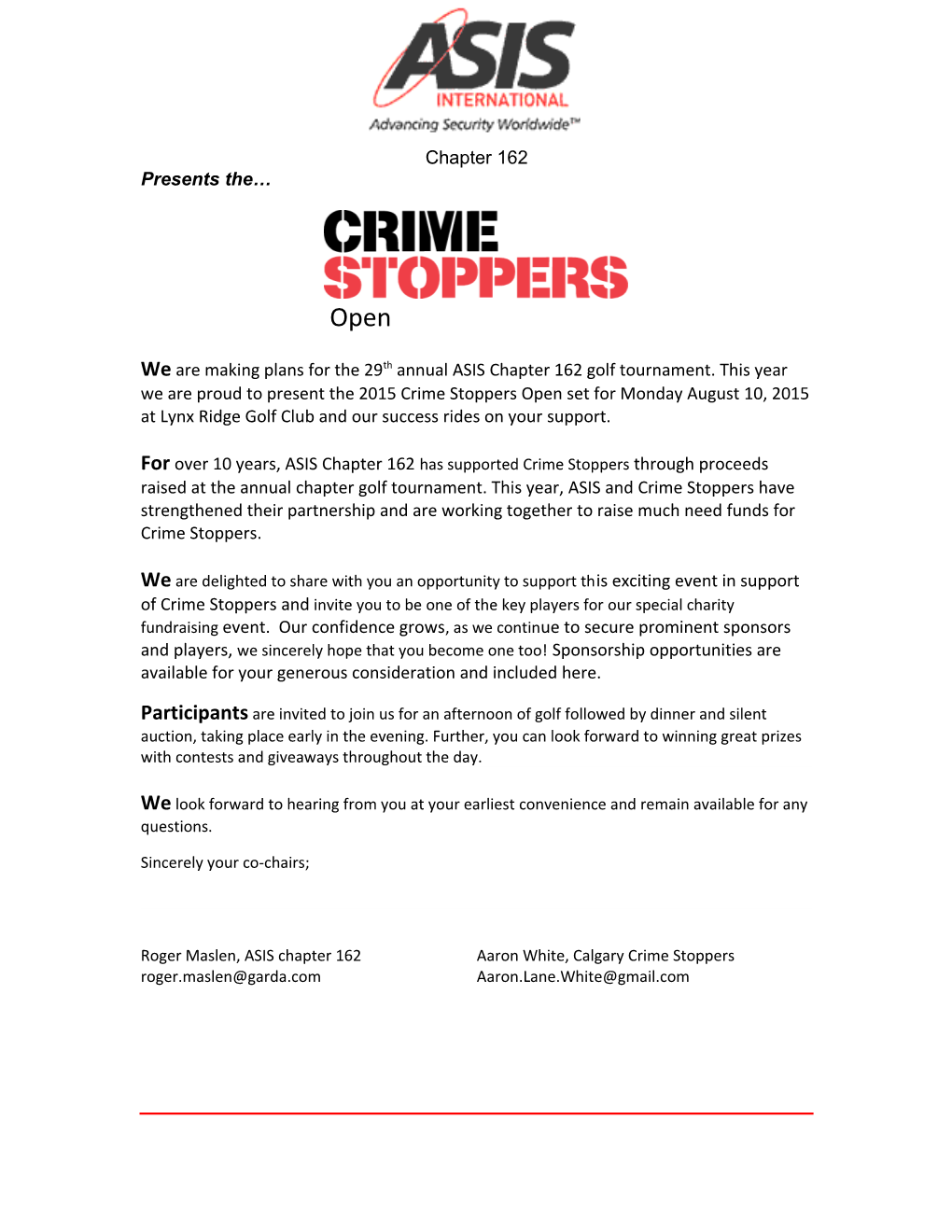 Thank You for Your Support of the 2Nd Annual Calgary Crime Stoppers Gala Dinner and Fundraiser