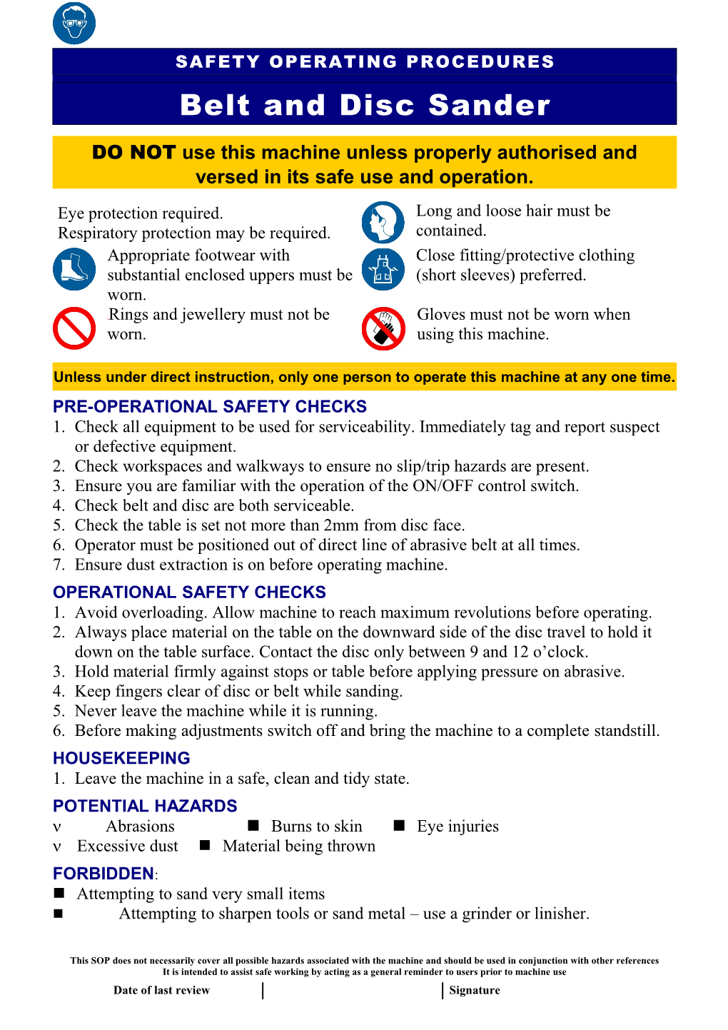 Safety Operating Procedures - Belt Disc Sander