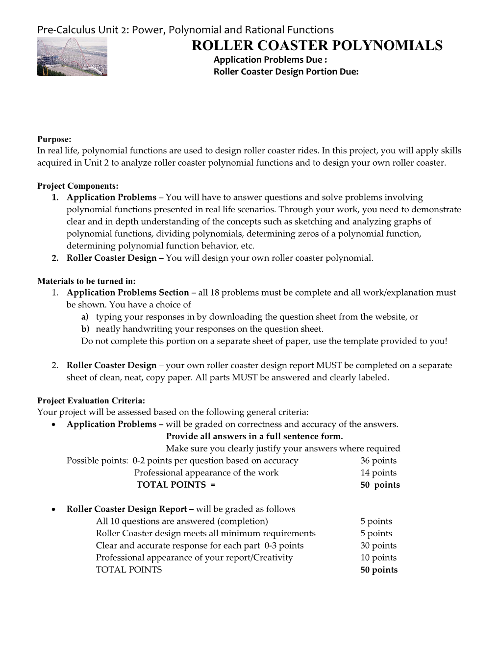 Roller Coaster Design Portion Due