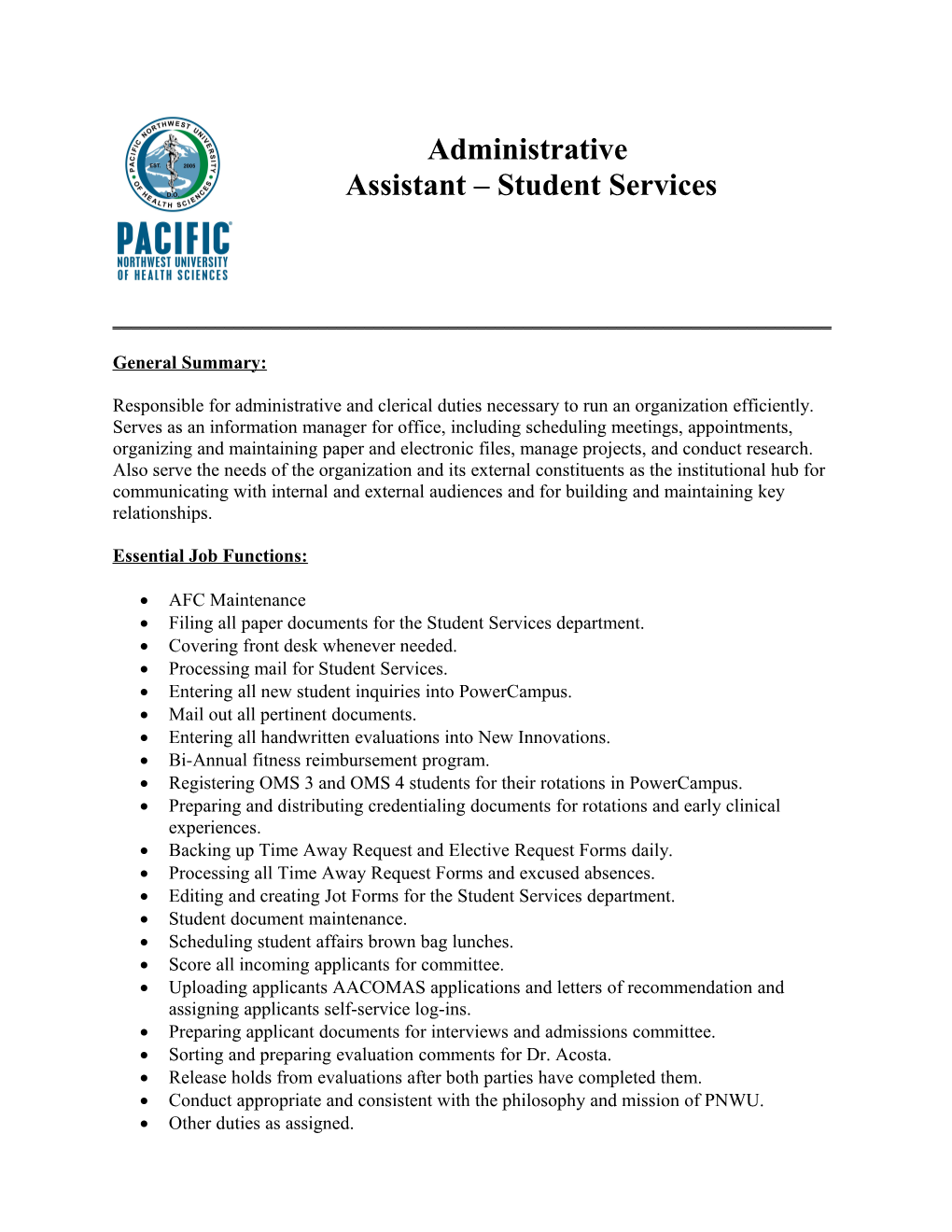 PNWU Administrative Assistant - General