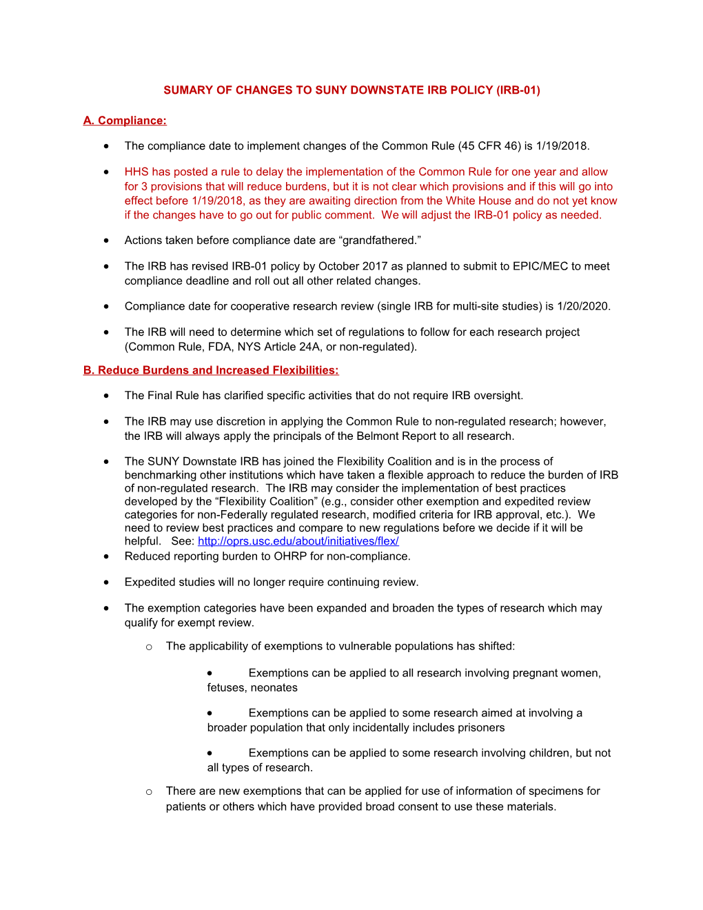 Sumary of Changes to Suny Downstate Irb Policy (Irb-01)