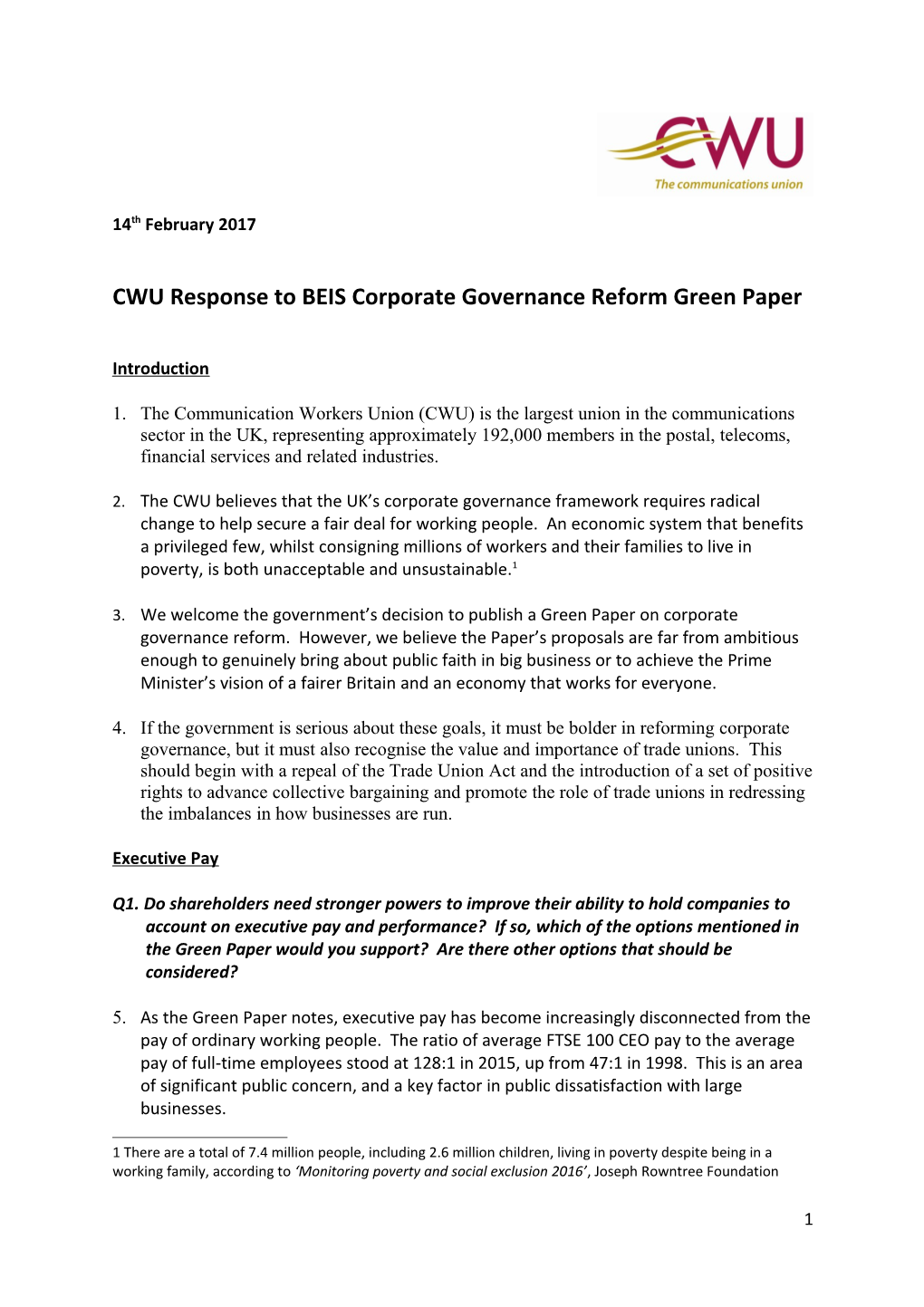 CWU Response to BEIS Corporate Governance Reform Green Paper