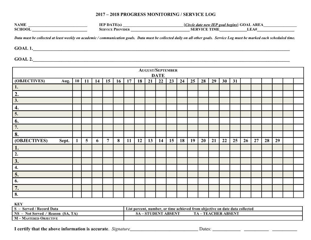 2017 2018 Progress Monitoring / Service Log