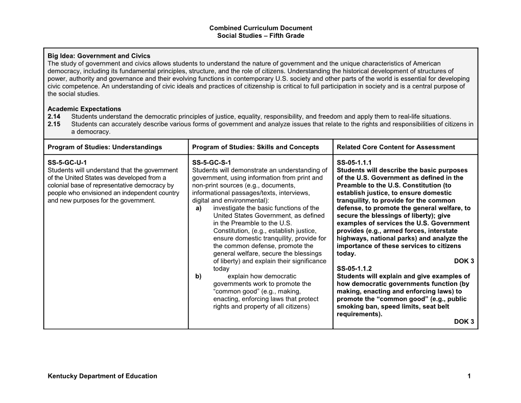 Combined Curriculum Document Social Studies 5Th Grade