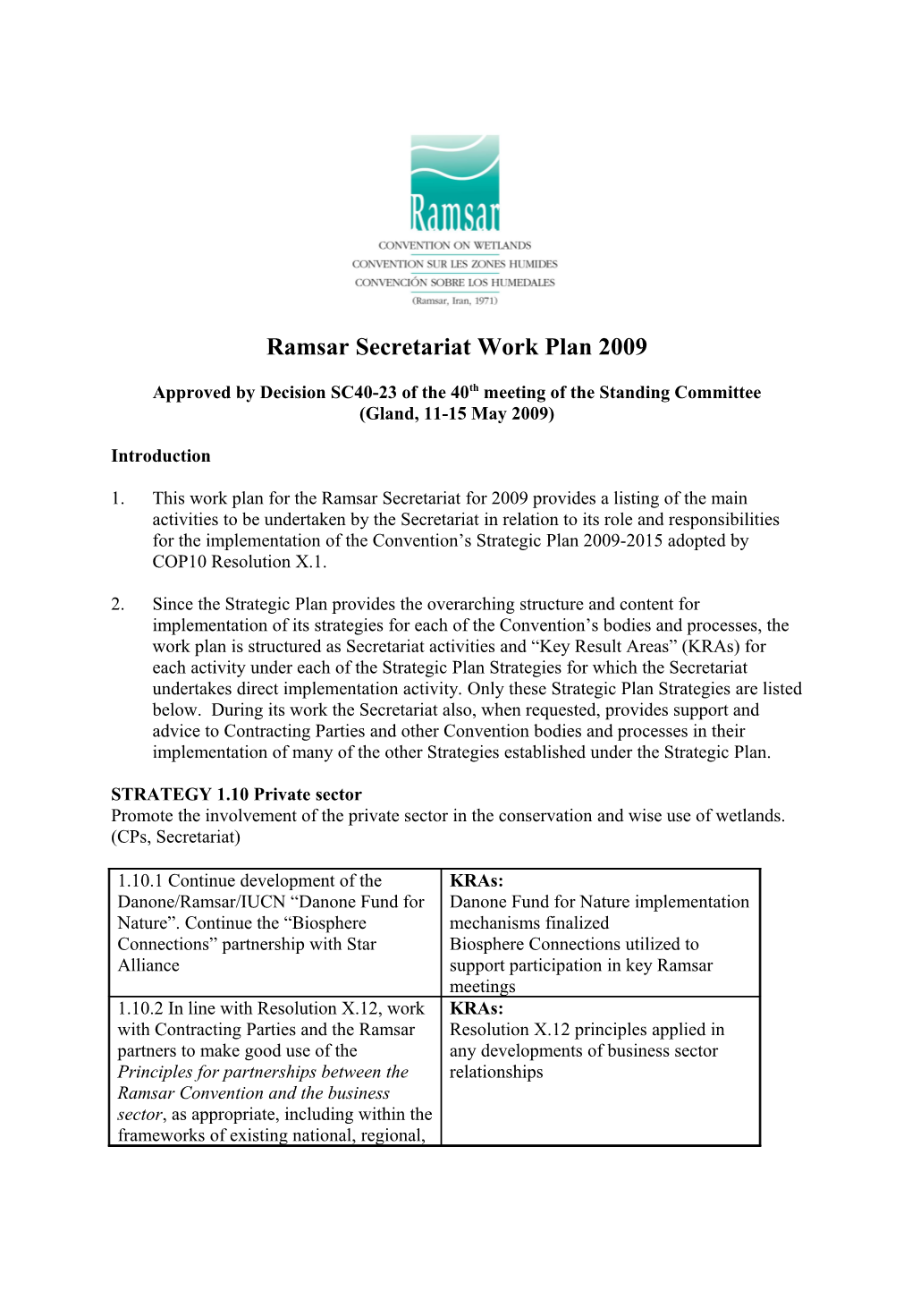 Ramsar Secretariat Work Plan 2009, Page 1