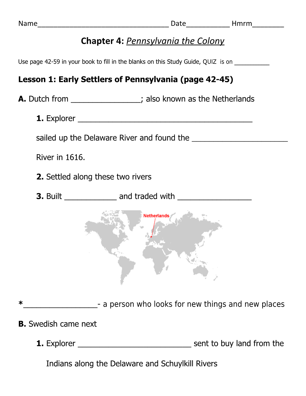 Lesson 1: Early Settlers of Pennsylvania (Page 42-45)