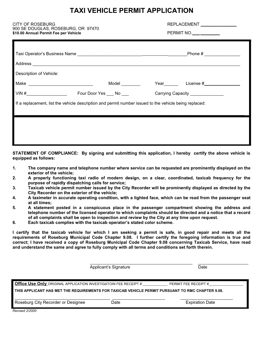 Taxi Vehicle Permit Application