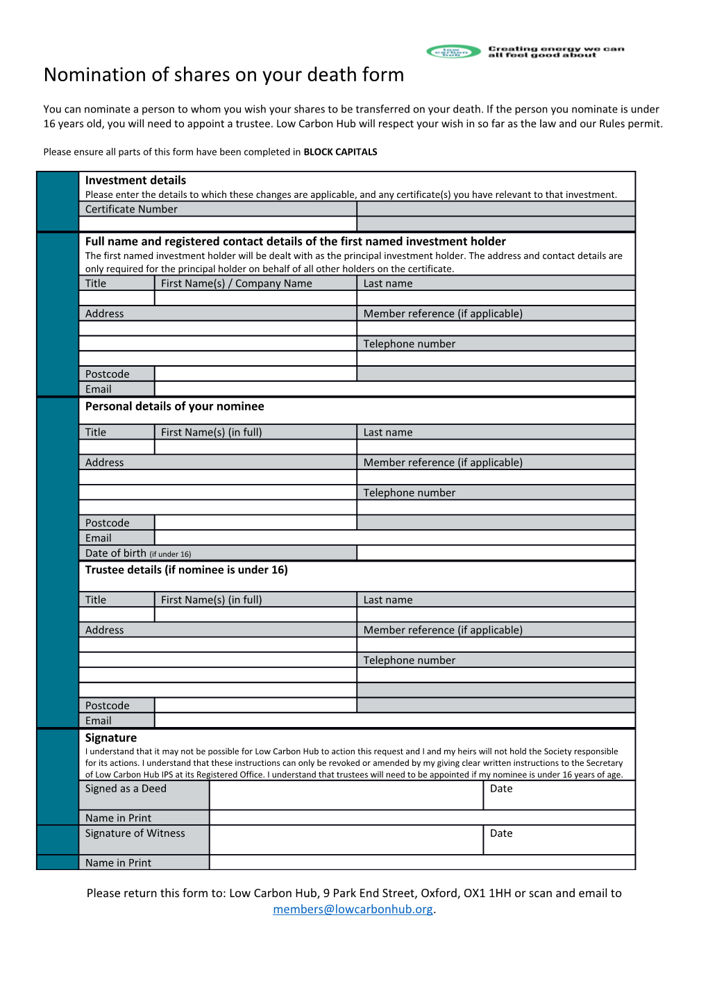 Nomination of Shares on Your Death Form