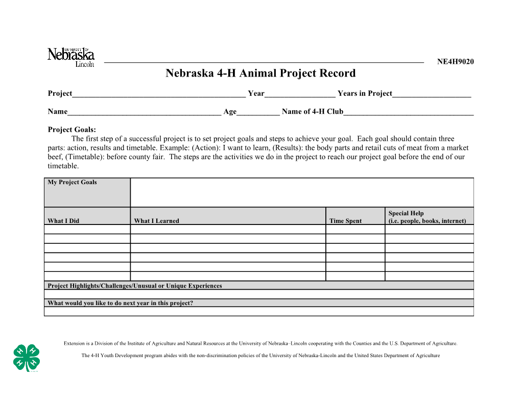 Nebraska 4-H Animal Project Record