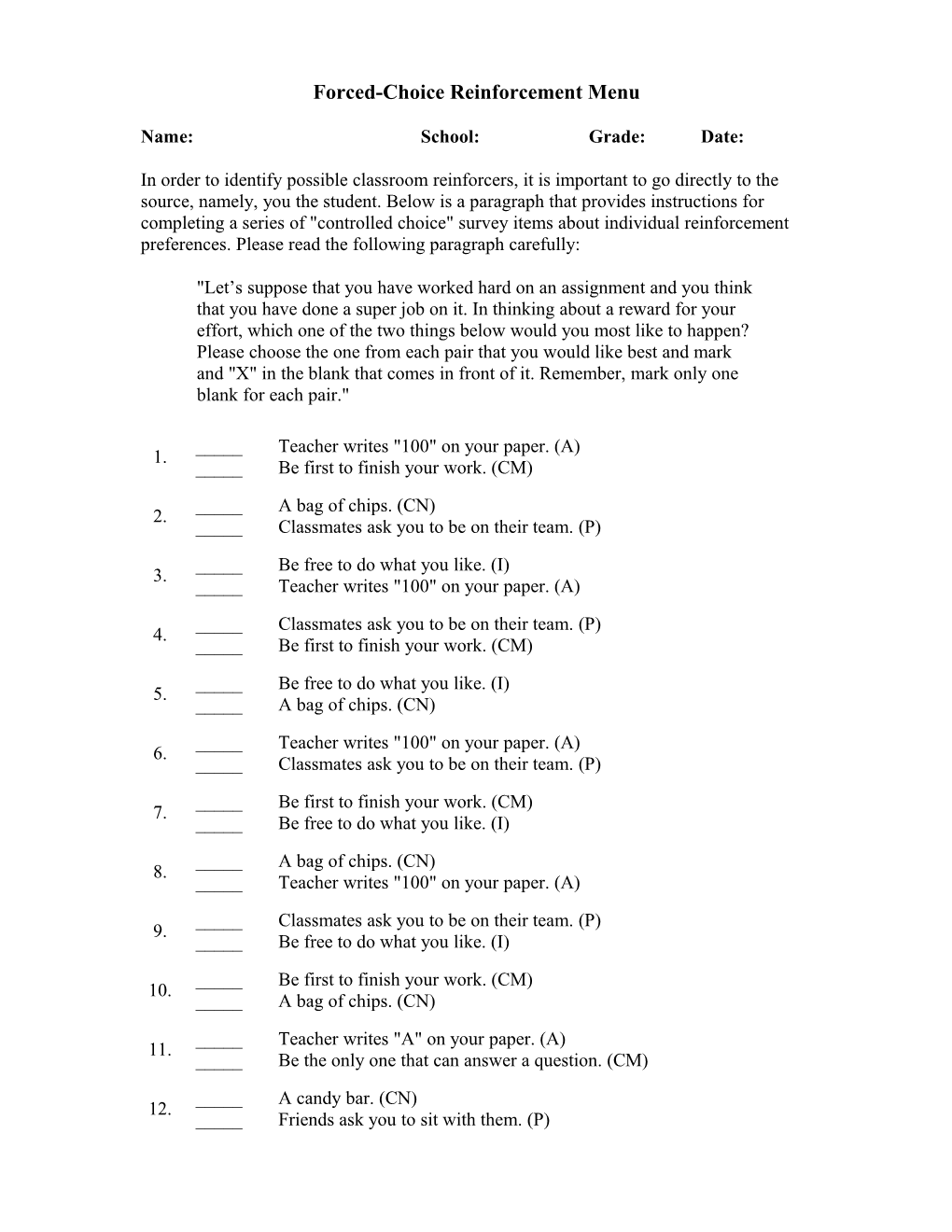 Pbisworld.Com Forced Choice Response Survey