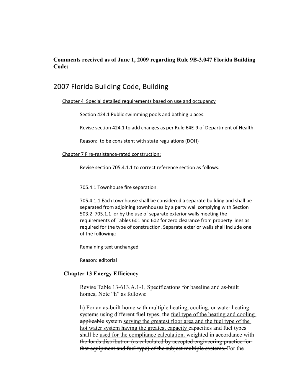 Comments Received As of June 1, 2009 Regarding Rule 9B-3.047 Florida Building Code