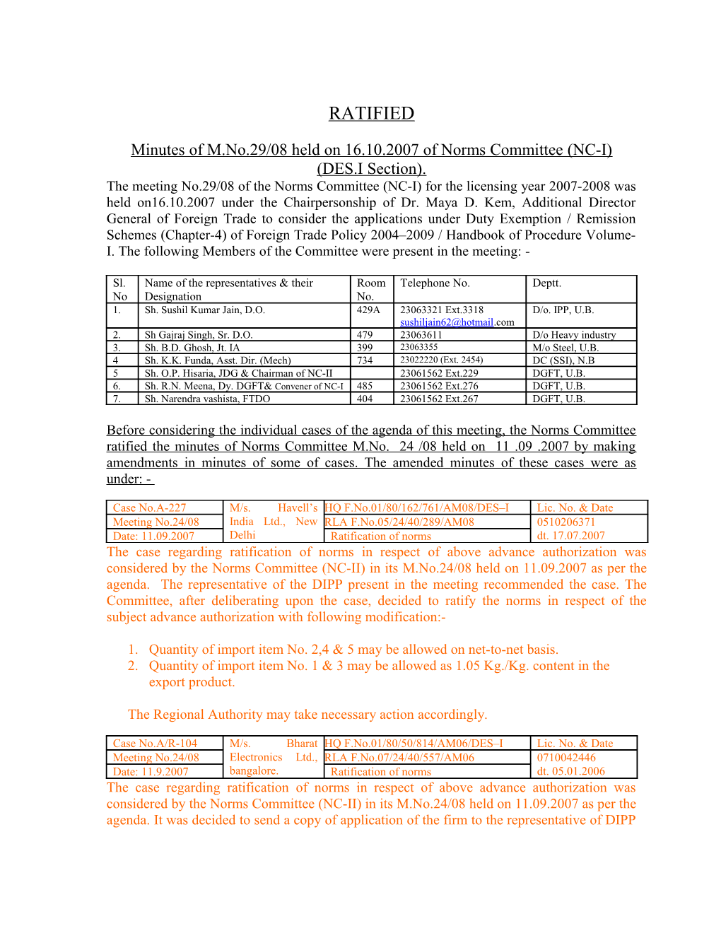 Minutes of M.No.29/08 Held on 16.10.2007 of Norms Committee (NC-I)