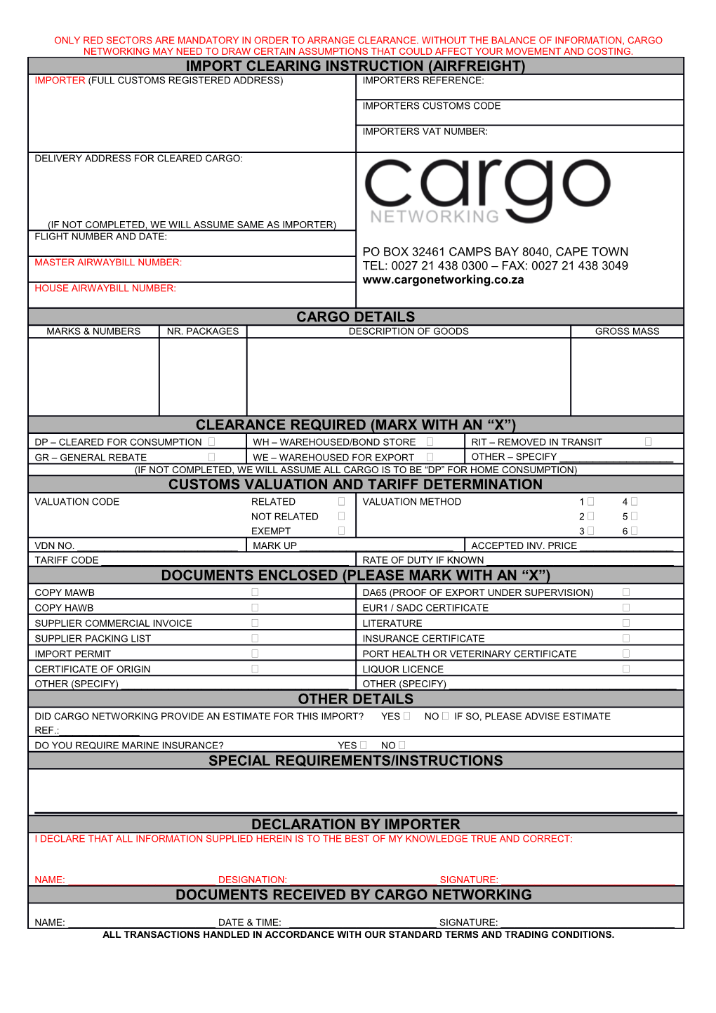 Forwarding Instruction (Airfreight Exports)