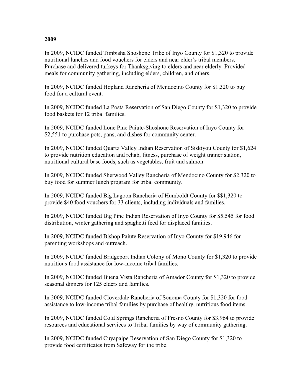 In 2009, NCIDC Funded Timbisha Shoshone Tribe of Inyo County for $1,320 to Provide Nutritional