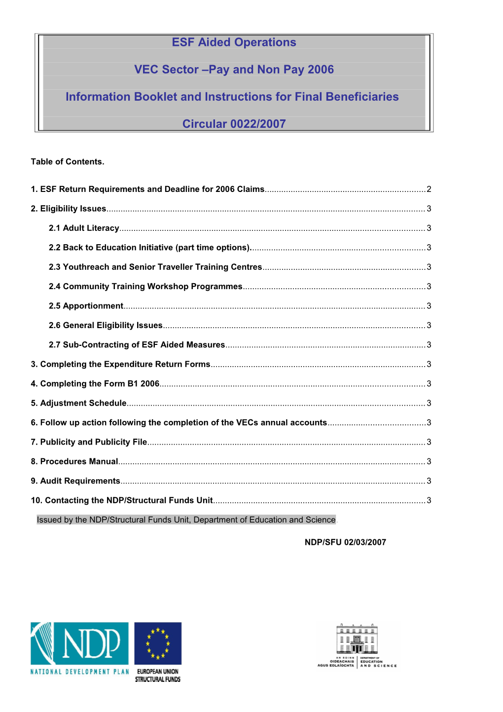 Circular 0022/2007 - ESF Aided Operations - VEC Sector Pay and Non Pay 2006 - Information