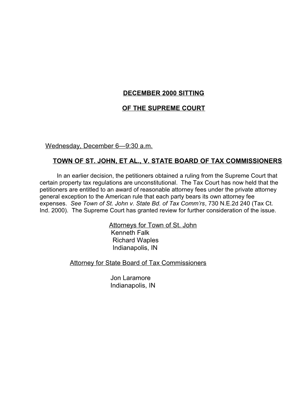 Town of St. John, Et Al., V. State Board of Tax Commissioners