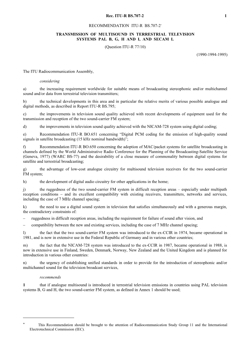 BS.707-2 - Transmission of Multisound in Terrestrial Television Systems Pal B, G, H And