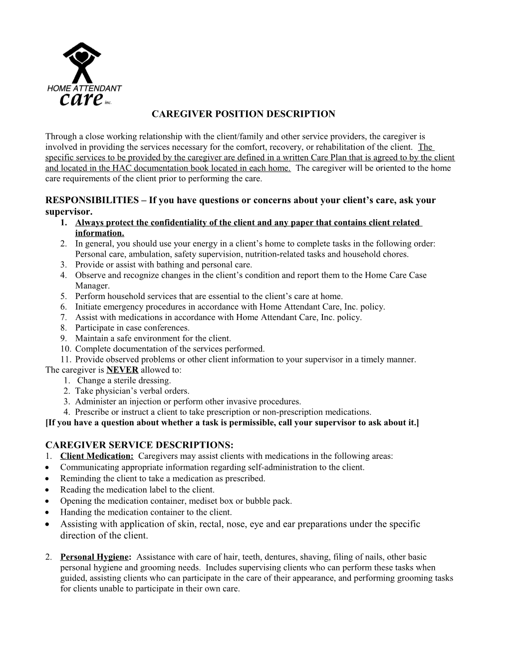 Caregiver Position Description