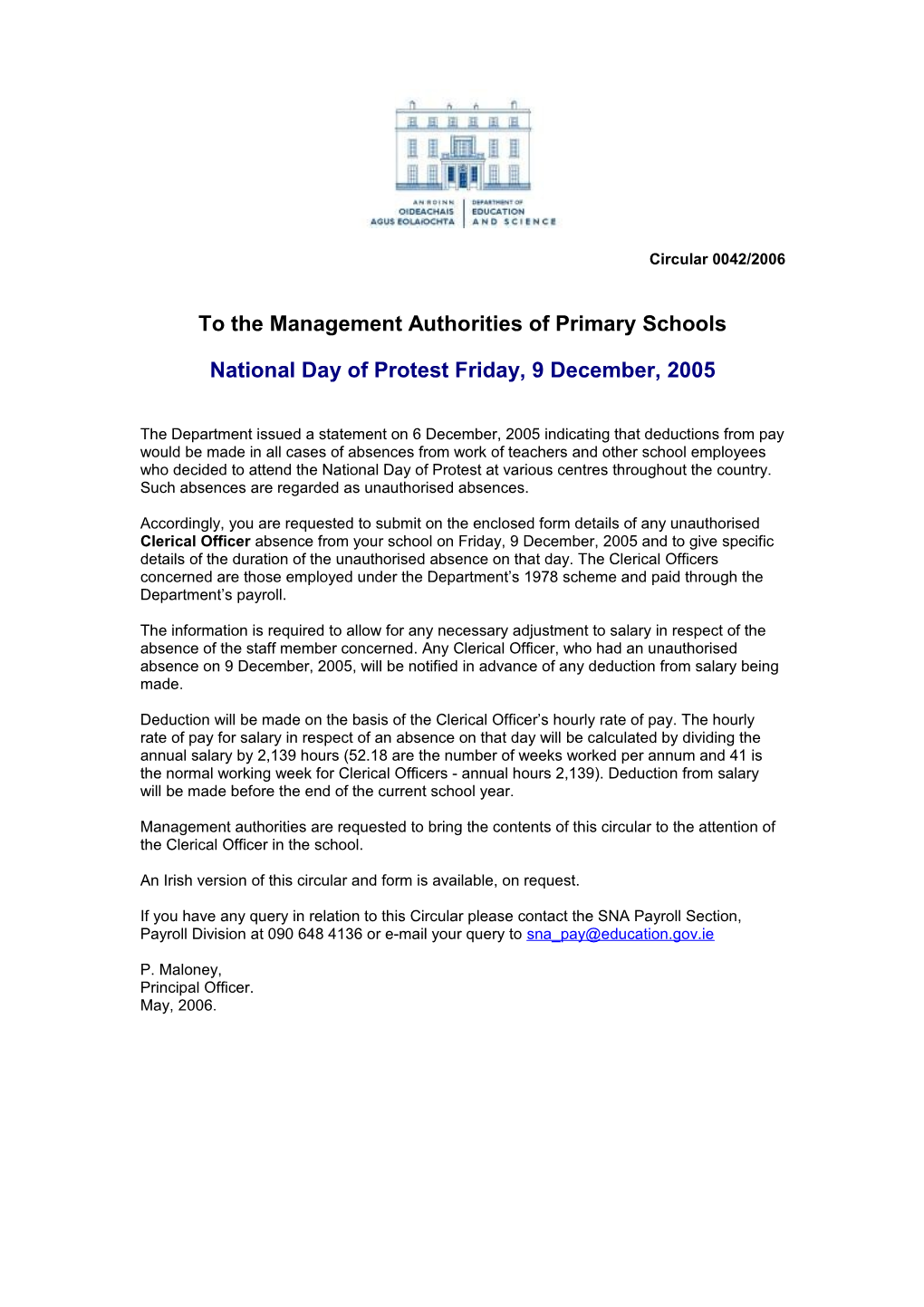 Circular 0042/2006 - National Day of Protest - Clerical Officers, Primary Schools (File