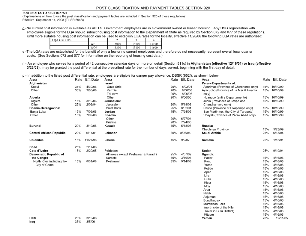 Post Classification and Payment Tables Section 920