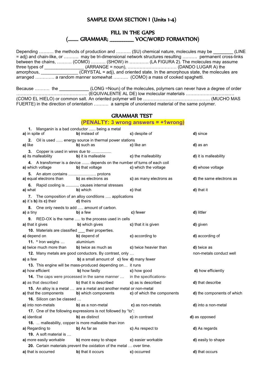 SAMPLE EXAM SECTION I (Units 1-4)