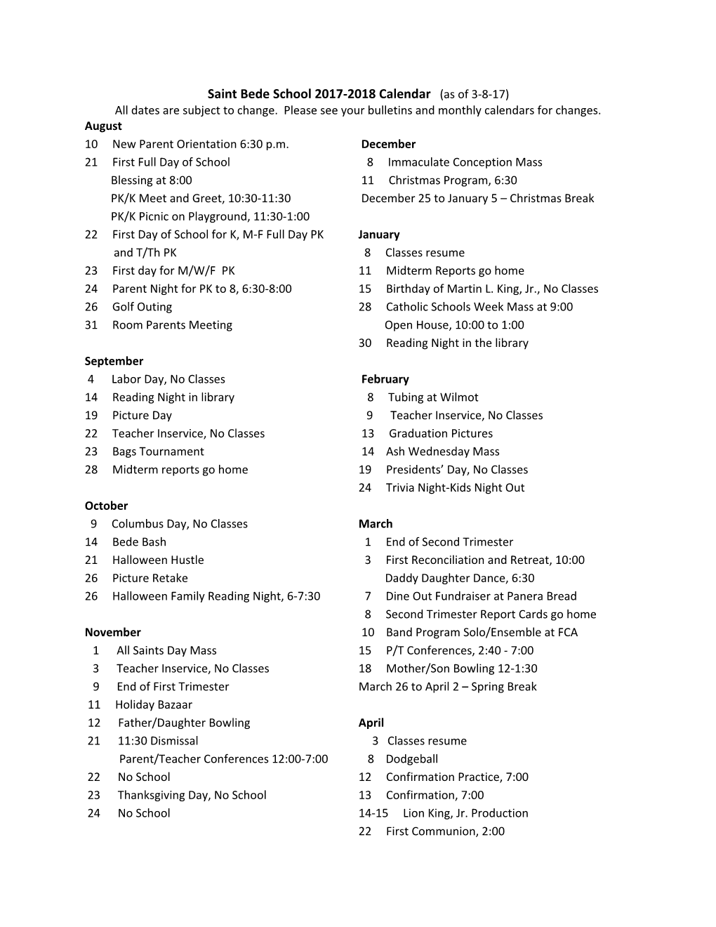 Saint Bede School 2017-2018 Calendar (As of 3-8-17)