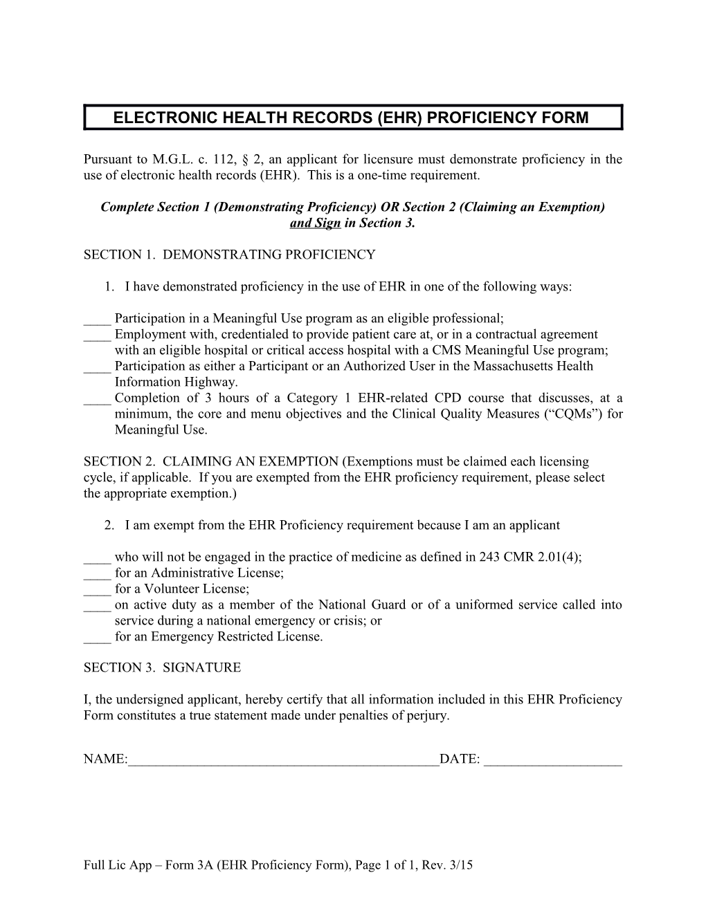Electr Onic Health Records (Ehr) Proficiency Form